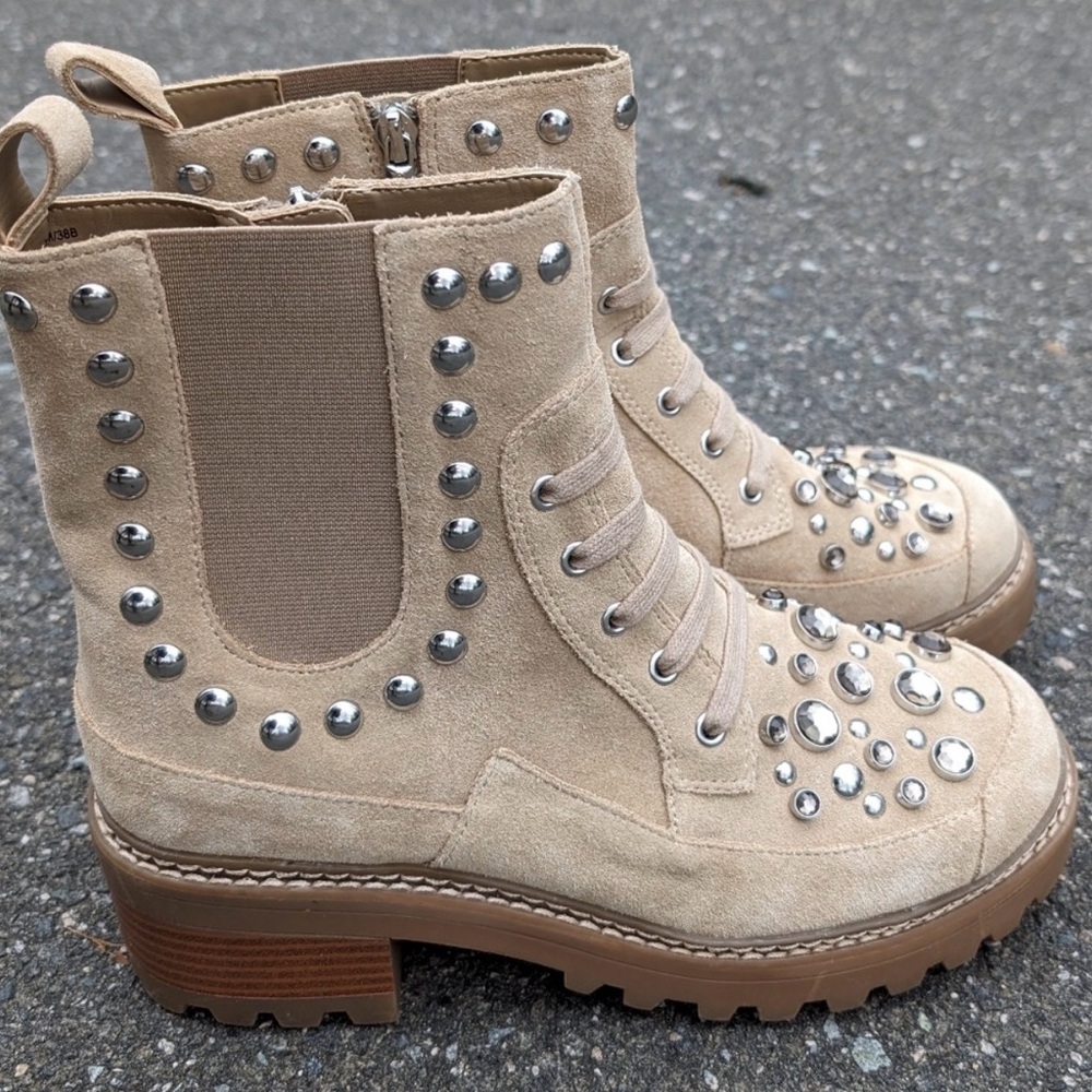 Karl Lagerfeld Suede Studded Tan Ankle Boots